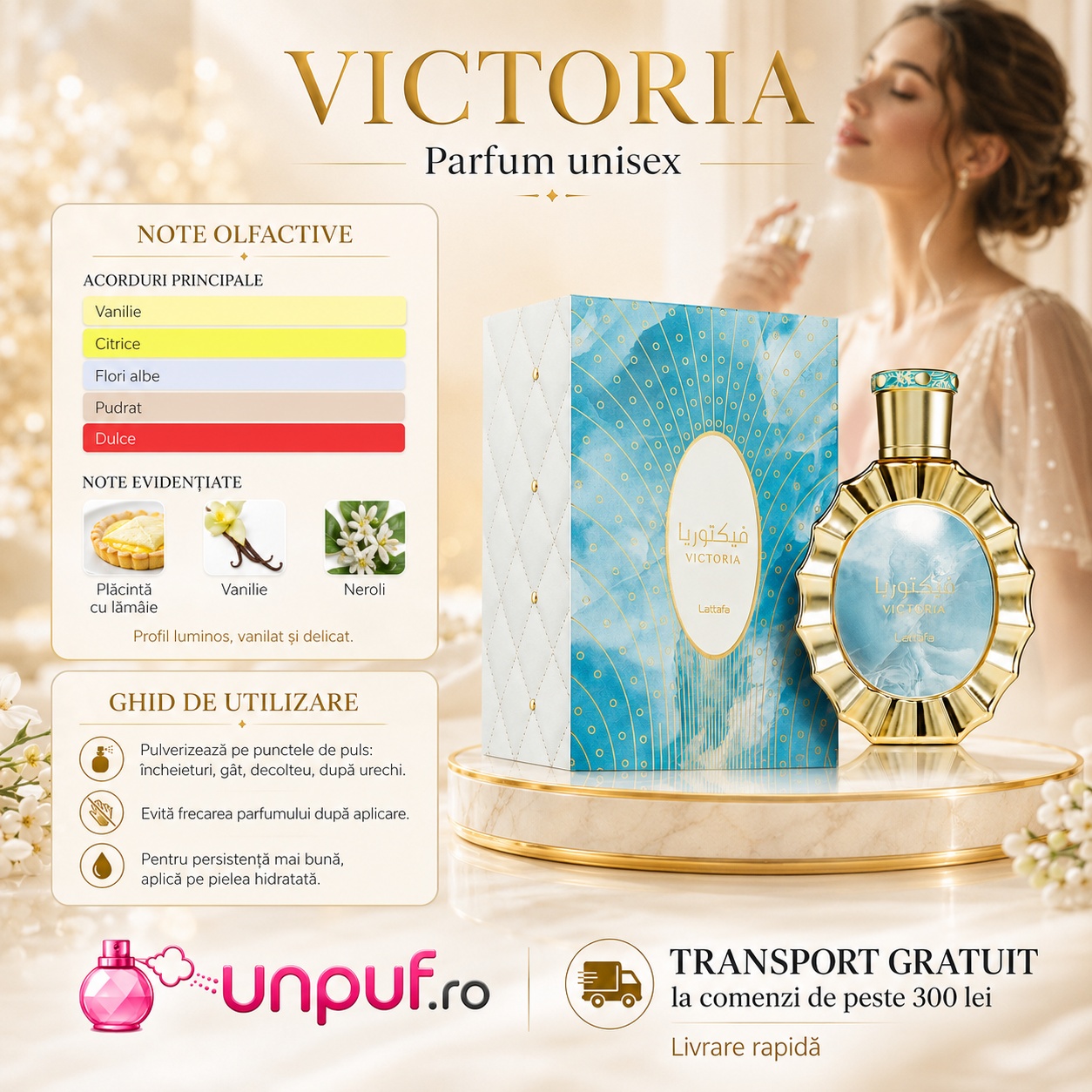 Lattafa Victoria parfum unisex cu acorduri de vanilie, citrice, flori albe, pudrat și dulce, note de plăcintă cu lămâie, vanilie și neroli