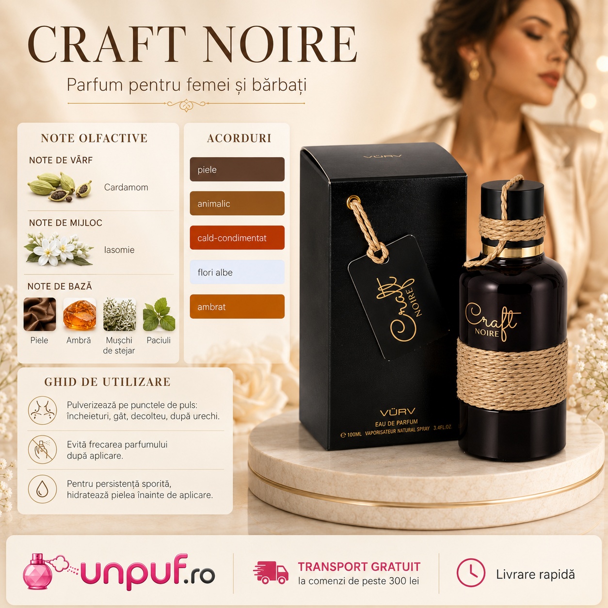 Lattafa Vurv Craft Noire parfum unisex cu note de cardamom, iasomie, piele, ambră, mușchi de stejar și patchouli, acorduri cald condimentate și lemnoase