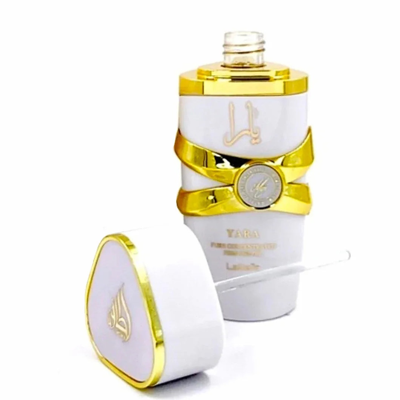 Flacon Lattafa Yara Moi Concentrated Oil 20 ml original, ulei parfumat concentrat alb cu detalii aurii și aplicator