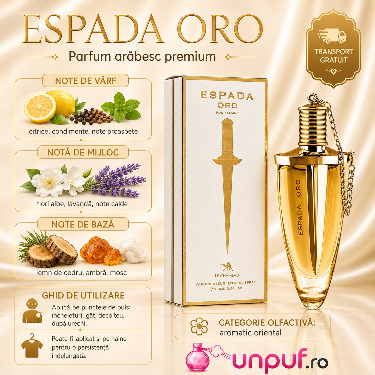 Ghid de utilizare Le Chameau Espada Oro parfum aromatic oriental cu citrice, condimente, flori albe, lavandă, cedru, ambră și mosc