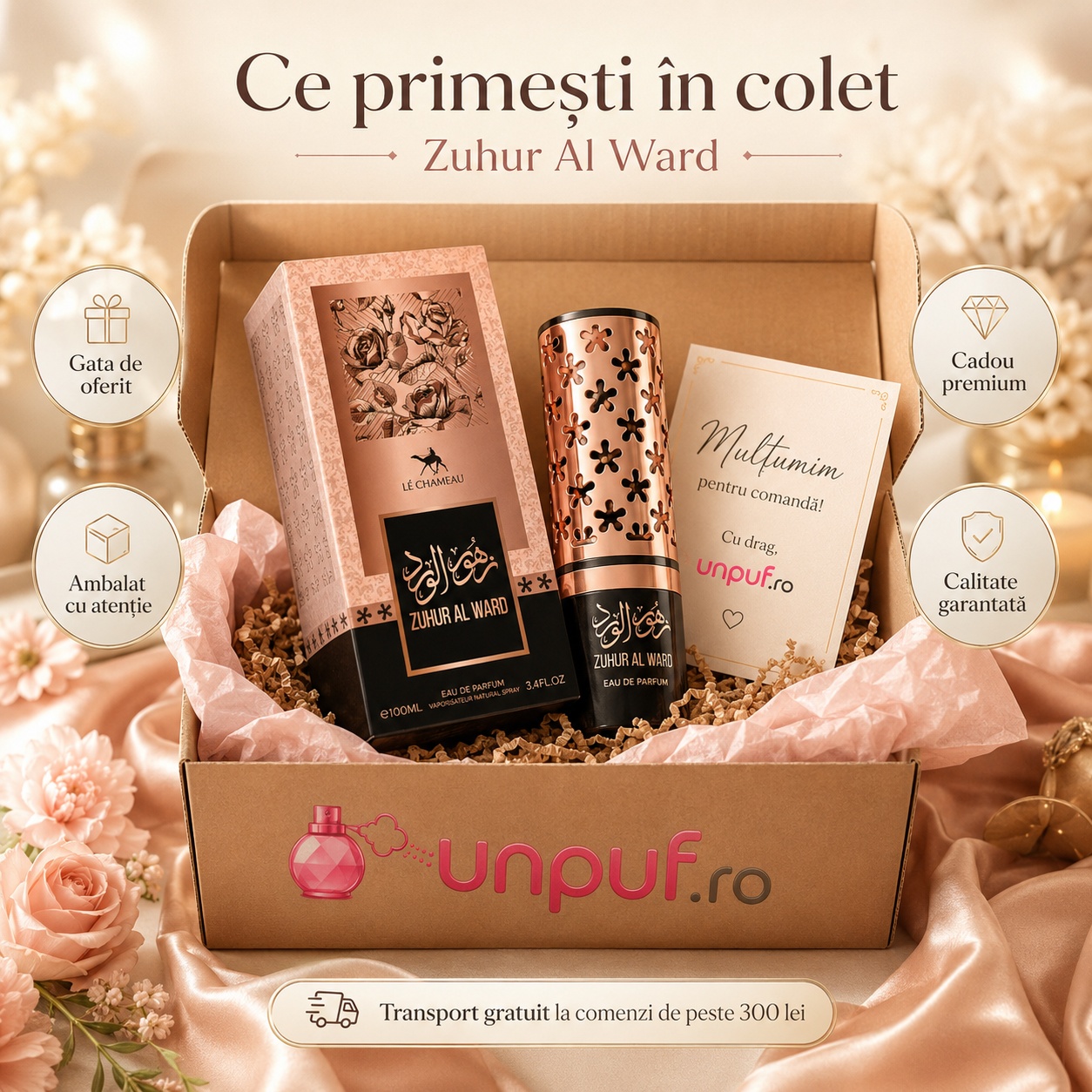 Parfum Zuhur Al Ward Le Chameau, ambalaj elegant și aromă florală luminoasă