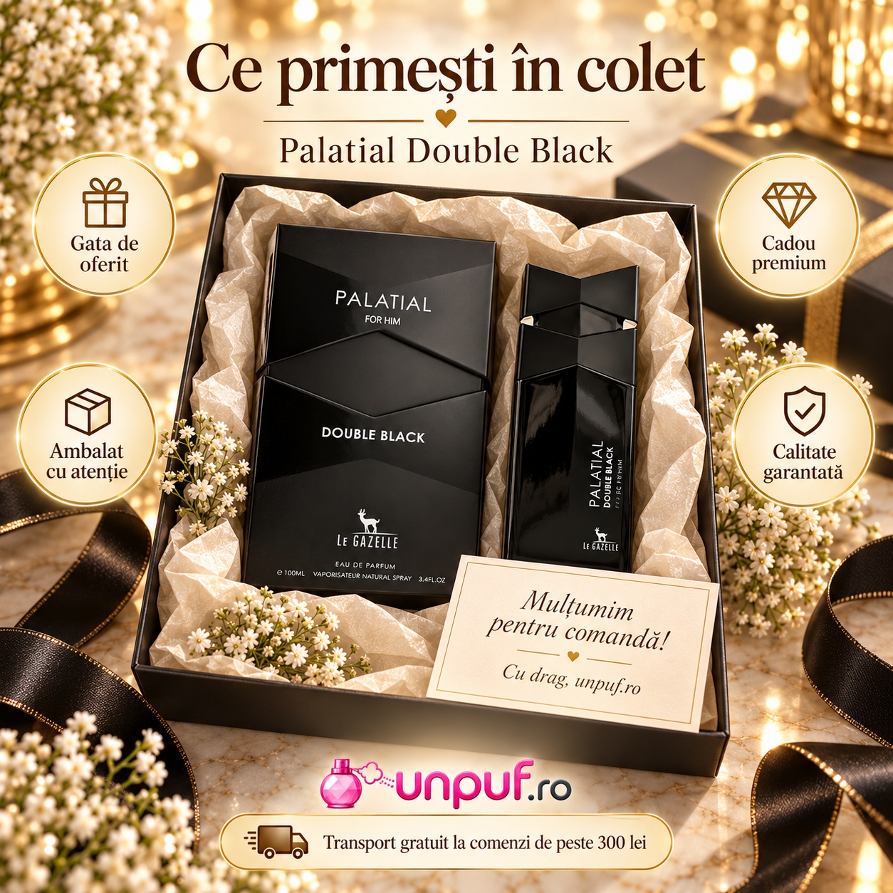 Ce primești în colet la parfumul Palatial Double Black 100 ml, ambalaj atent, cadou premium și calitate garantată