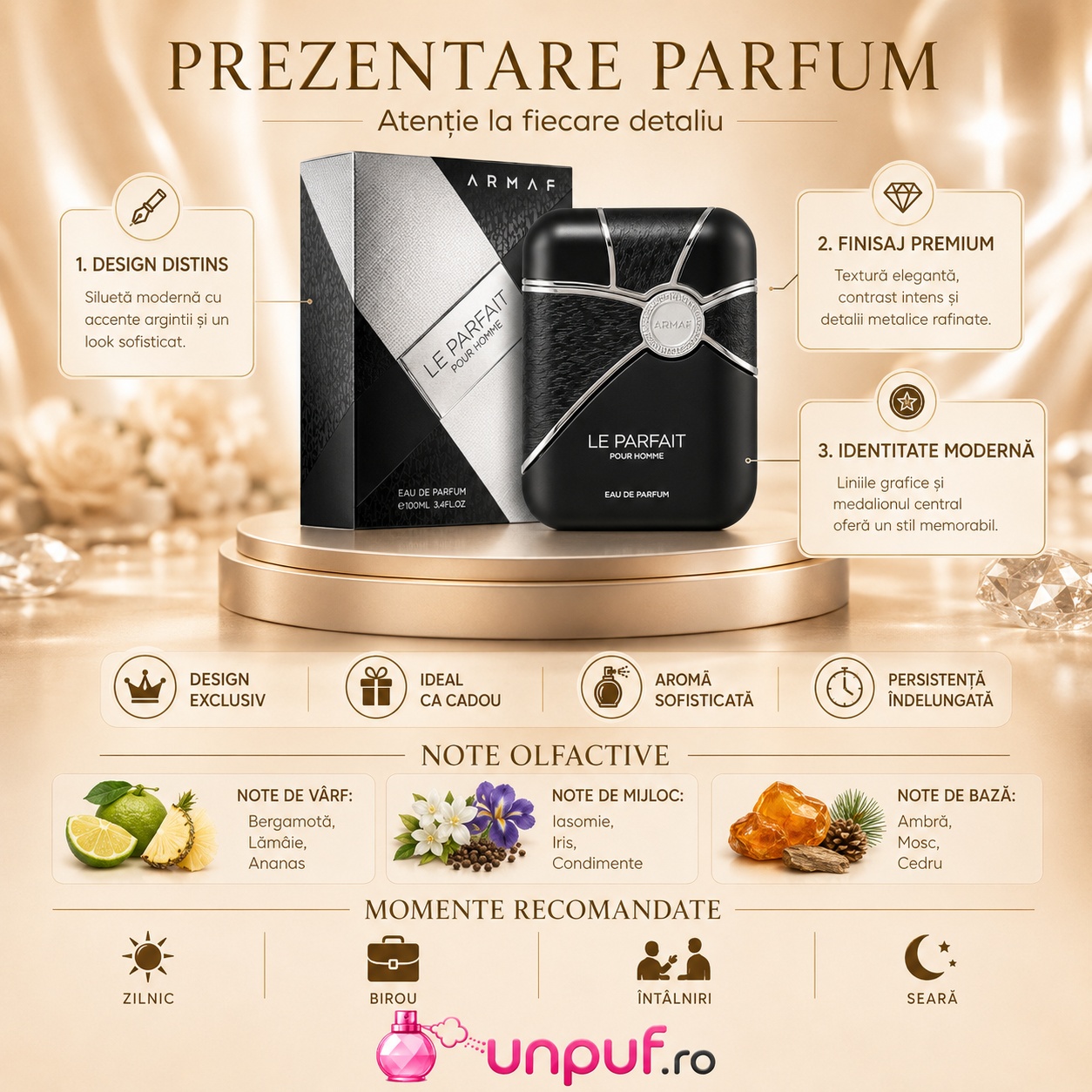 Prezentare parfum Armaf Le Parfait Pour Homme cu flacon, cutie, note olfactive și momente recomandate