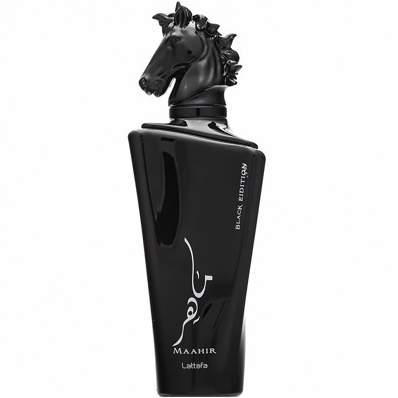 Flacon Maahir Black Edition Lattafa negru lucios cu capac cap de cal pe fundal alb