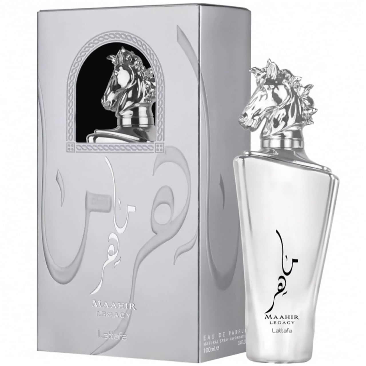 Cutie originală Maahir Legacy Lattafa 100 ml și flacon parfum arabesc unisex argintiu