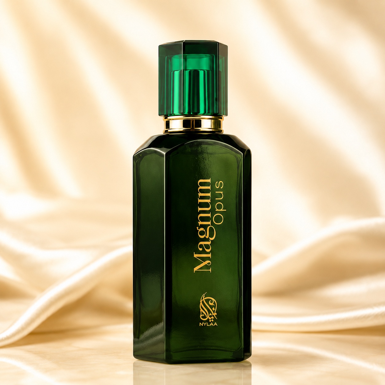 Flacon Magnum Opus Nylaa 100 ml verde profund cu capac transparent și detalii aurii premium