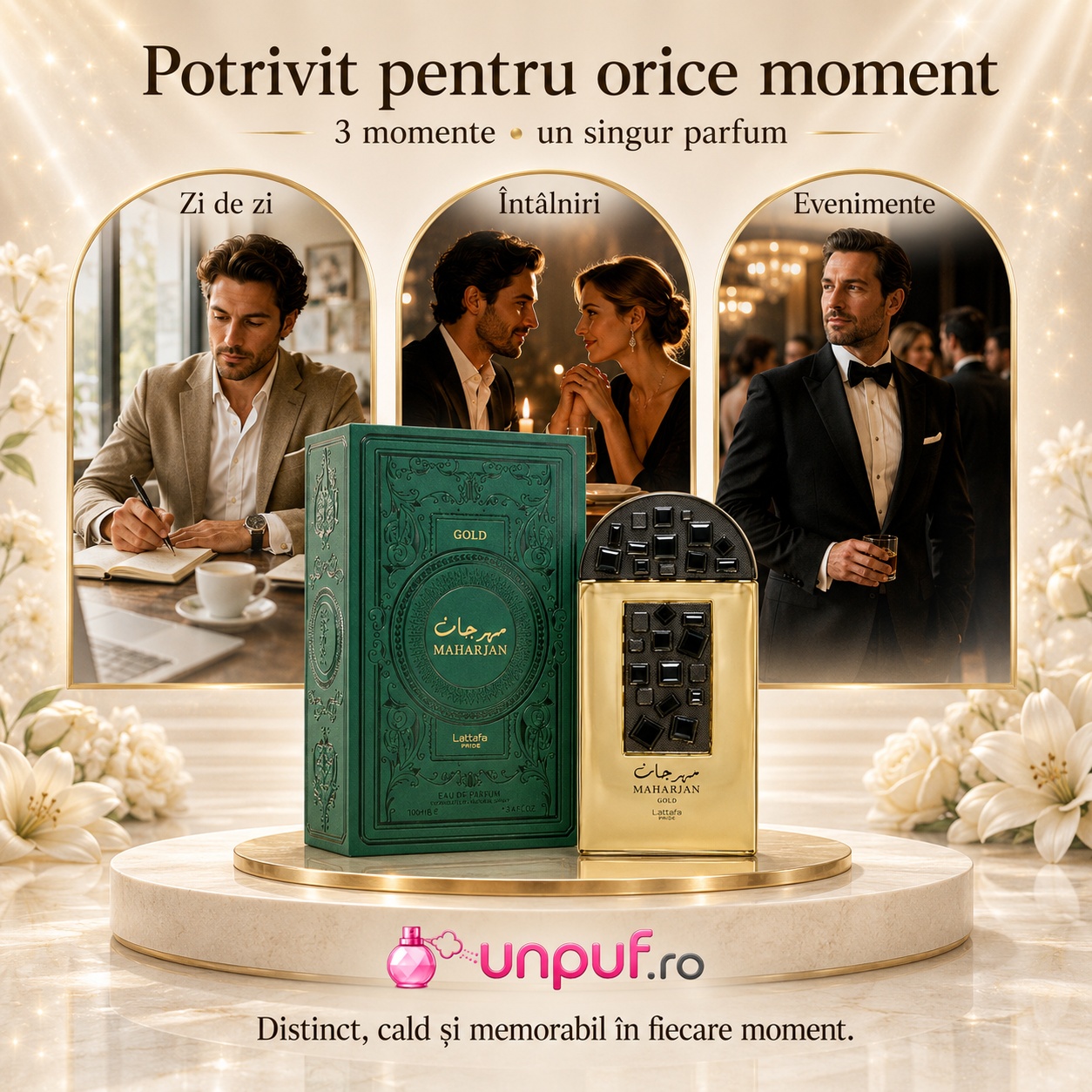 Parfum Maharjan Gold Lattafa Pride potrivit pentru zi de zi, &icirc;nt&acirc;lniri și evenimente elegante