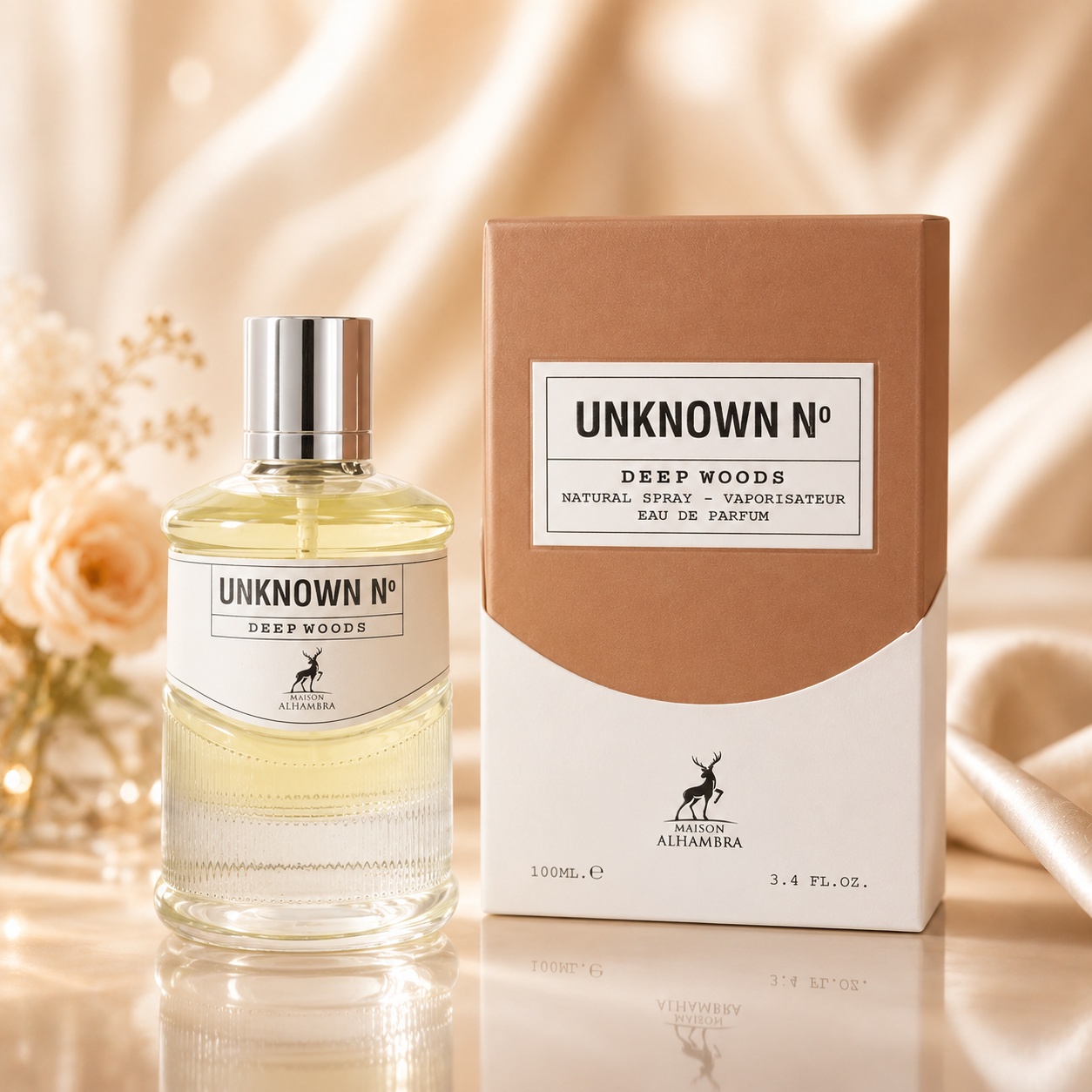 Parfum Maison Alhambra Unknown No Deep Woods 100 ml, sticlă și cutie în tonuri camel și crem