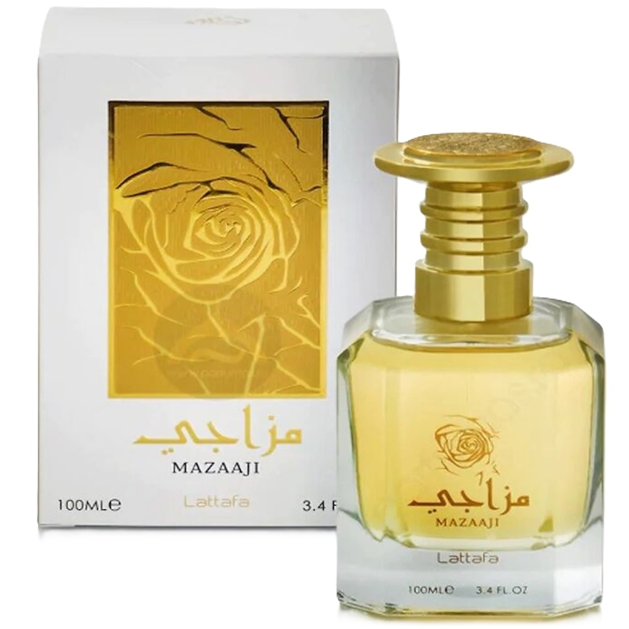 Mazaaji Lattafa 100 ml sticlă și cutie pe fundal alb