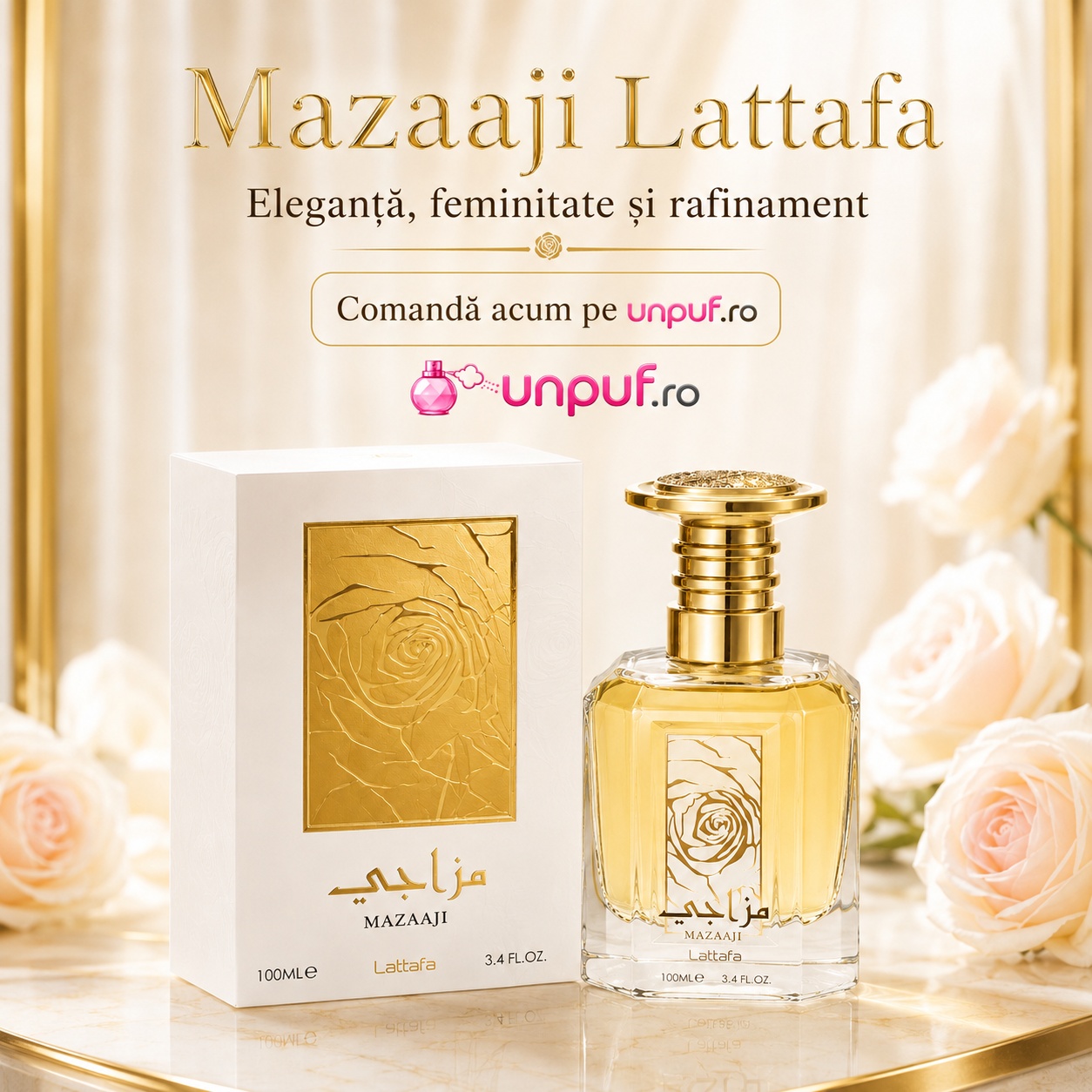 Mazaaji Lattafa parfum arabesc de damă elegant feminin și rafinat disponibil pe unpuf.ro