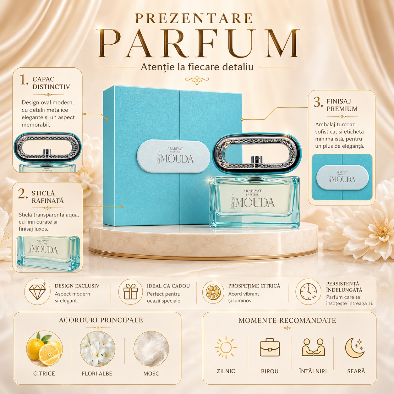 Prezentare parfum Mouda Arabiyat Prestige cu detalii capac distinctiv sticlă rafinată și finisaj premium