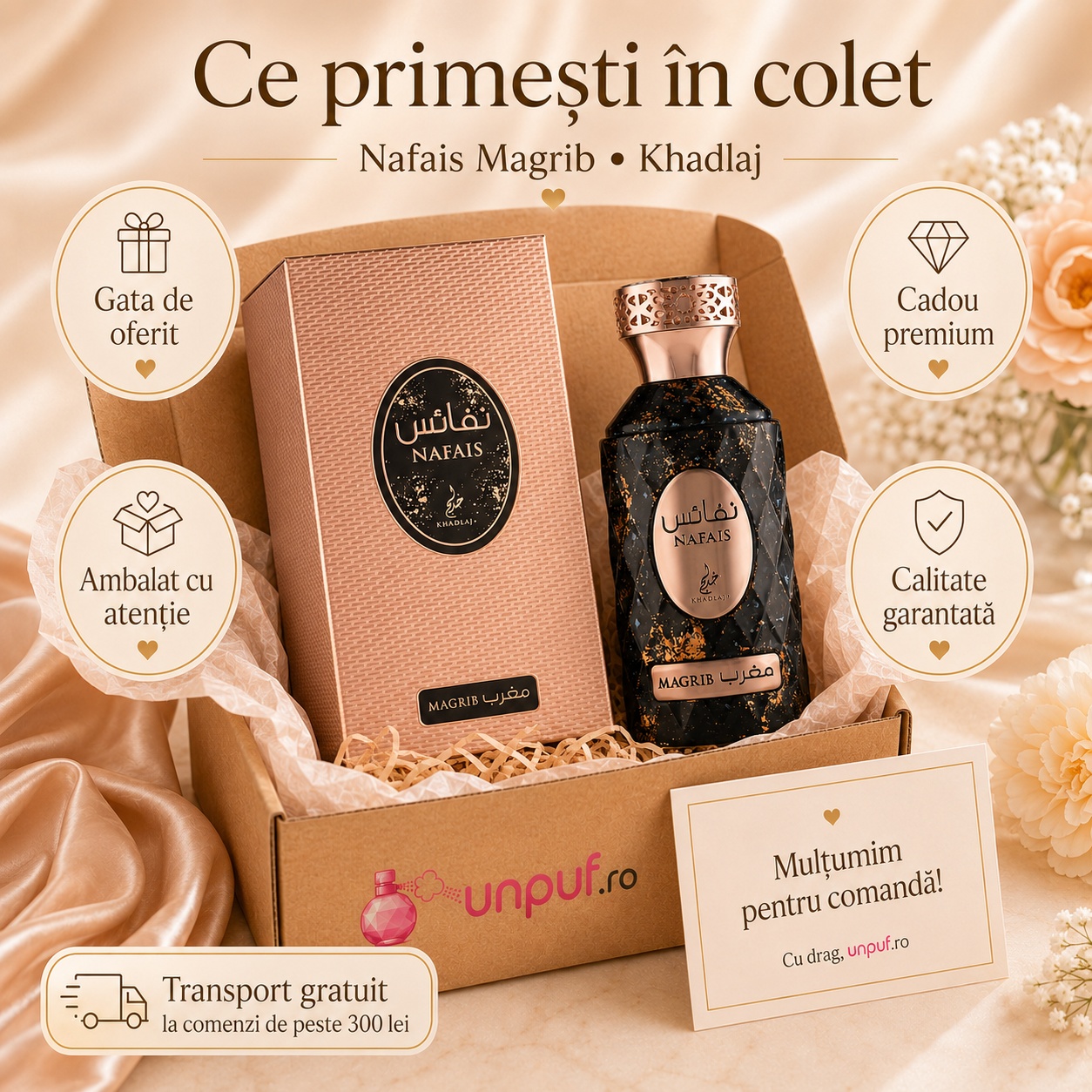 Ce primești în colet Nafais Magrib Khadlaj, parfum original ambalat cu atenție și cadou premium