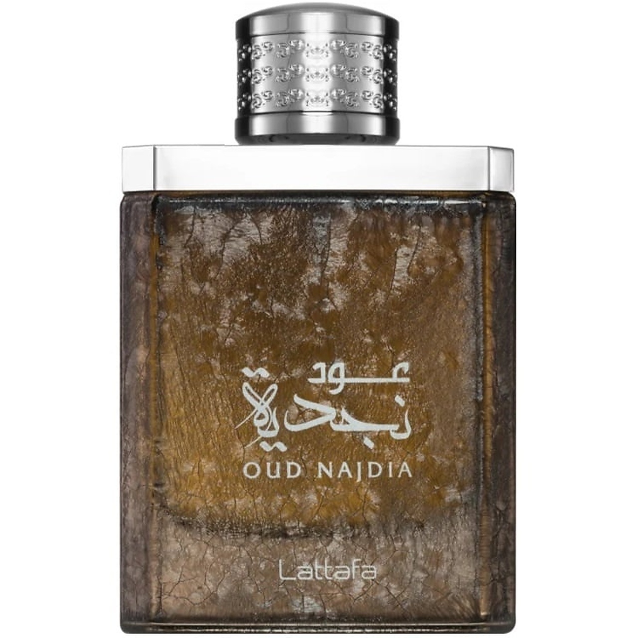 Flacon Najdia Oud Lattafa 100 ml maro fumuriu cu capac argintiu și design premium