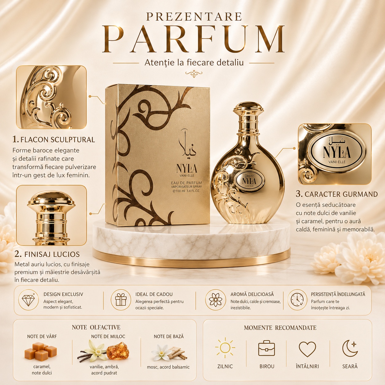 Prezentare parfum Nyla Vanille cu detalii flacon auriu și caracter gurmand