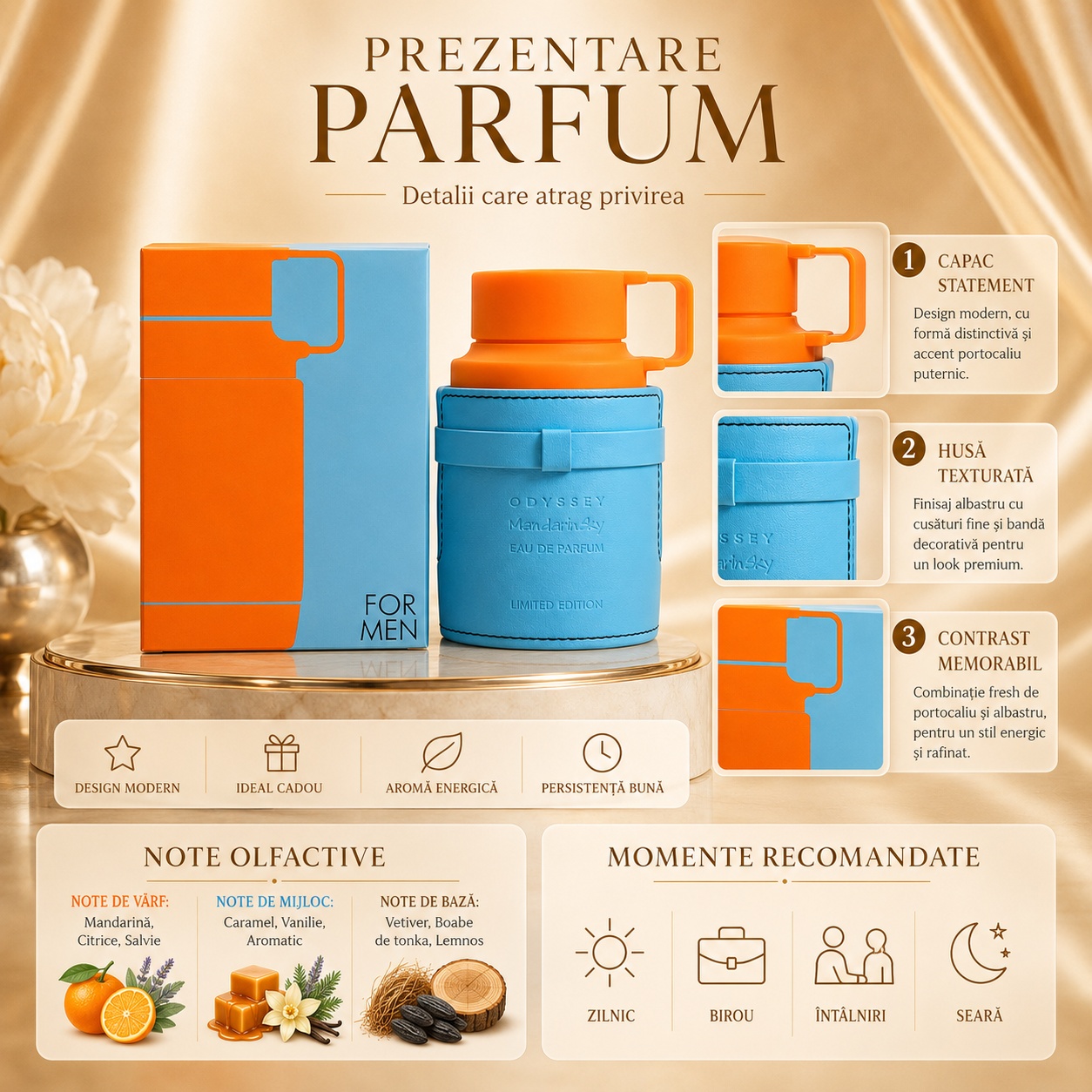 Prezentare parfum Odyssey Mandarin Sky Armaf cu note olfactive și detalii premium