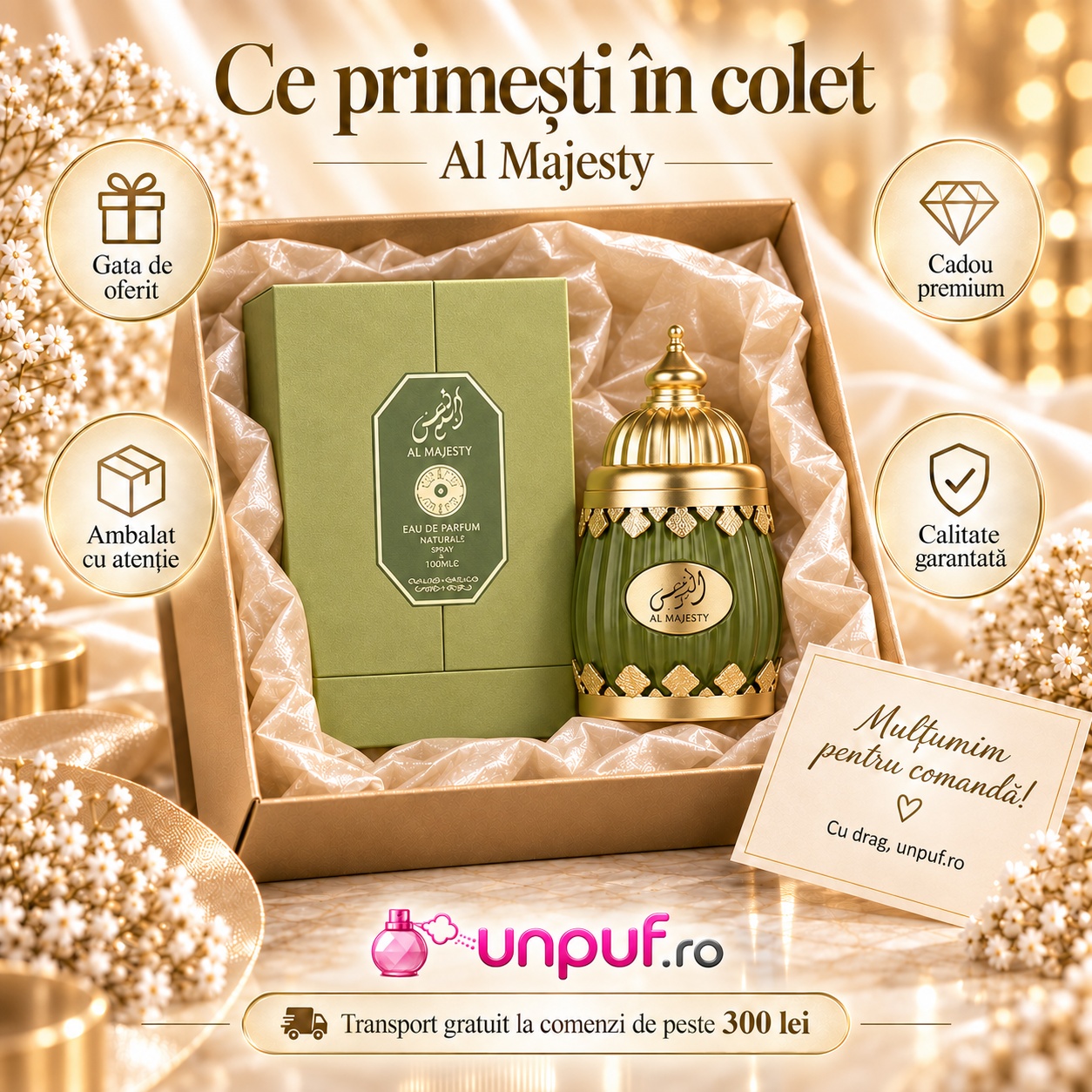 Ce primești în colet la parfumul OEM Al Narjis 100 ml, ambalaj atent, cadou premium și calitate garantată