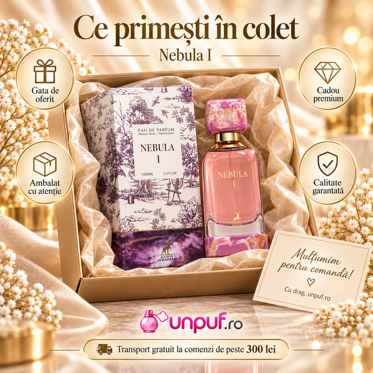 Ce primești în colet la parfumul OEM Nebula I 100 ml, ambalaj atent, cadou premium și calitate garantată