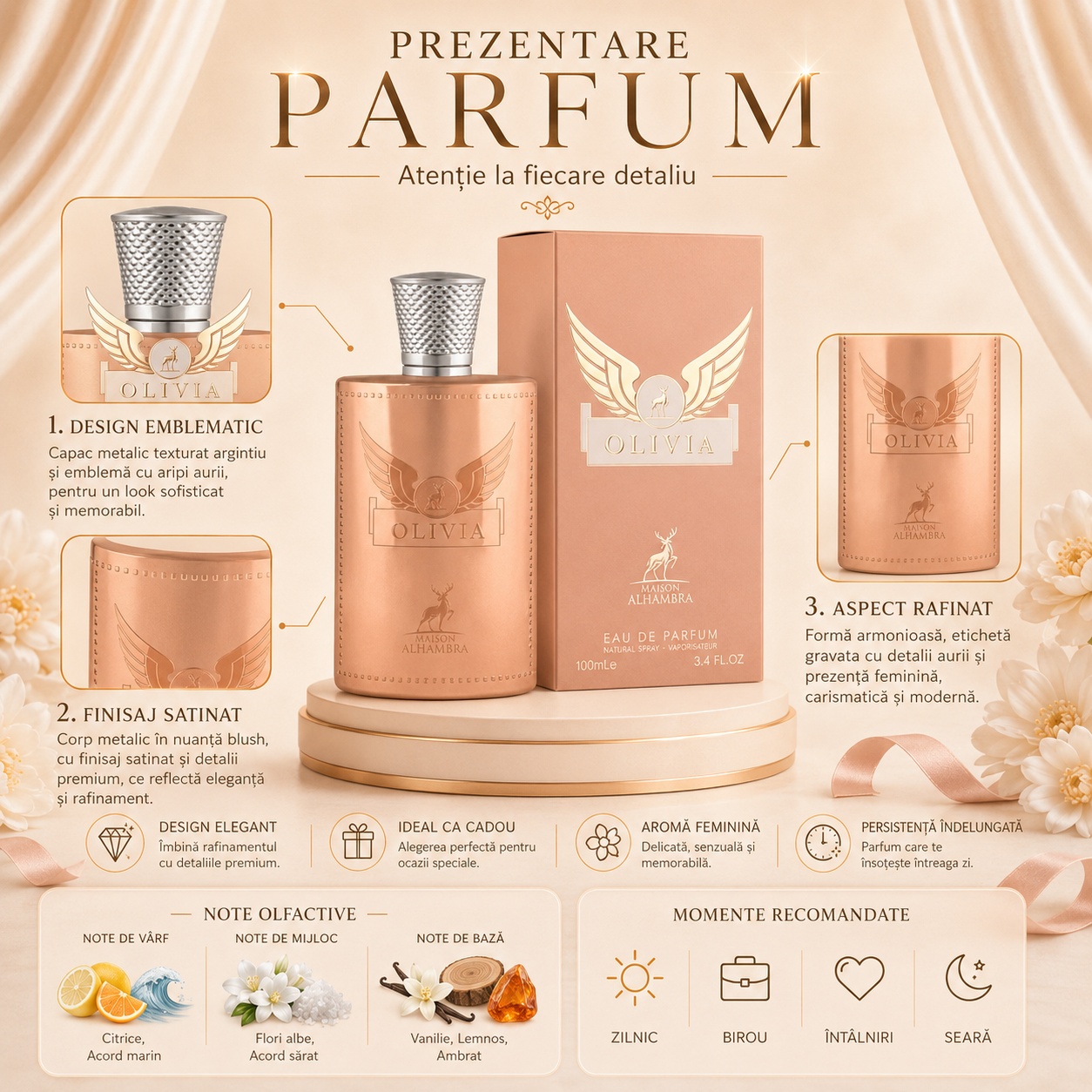 Prezentare parfum Olivia Maison Alhambra cu design emblematic, finisaj satinat, aspect rafinat, note olfactive și momente recomandate