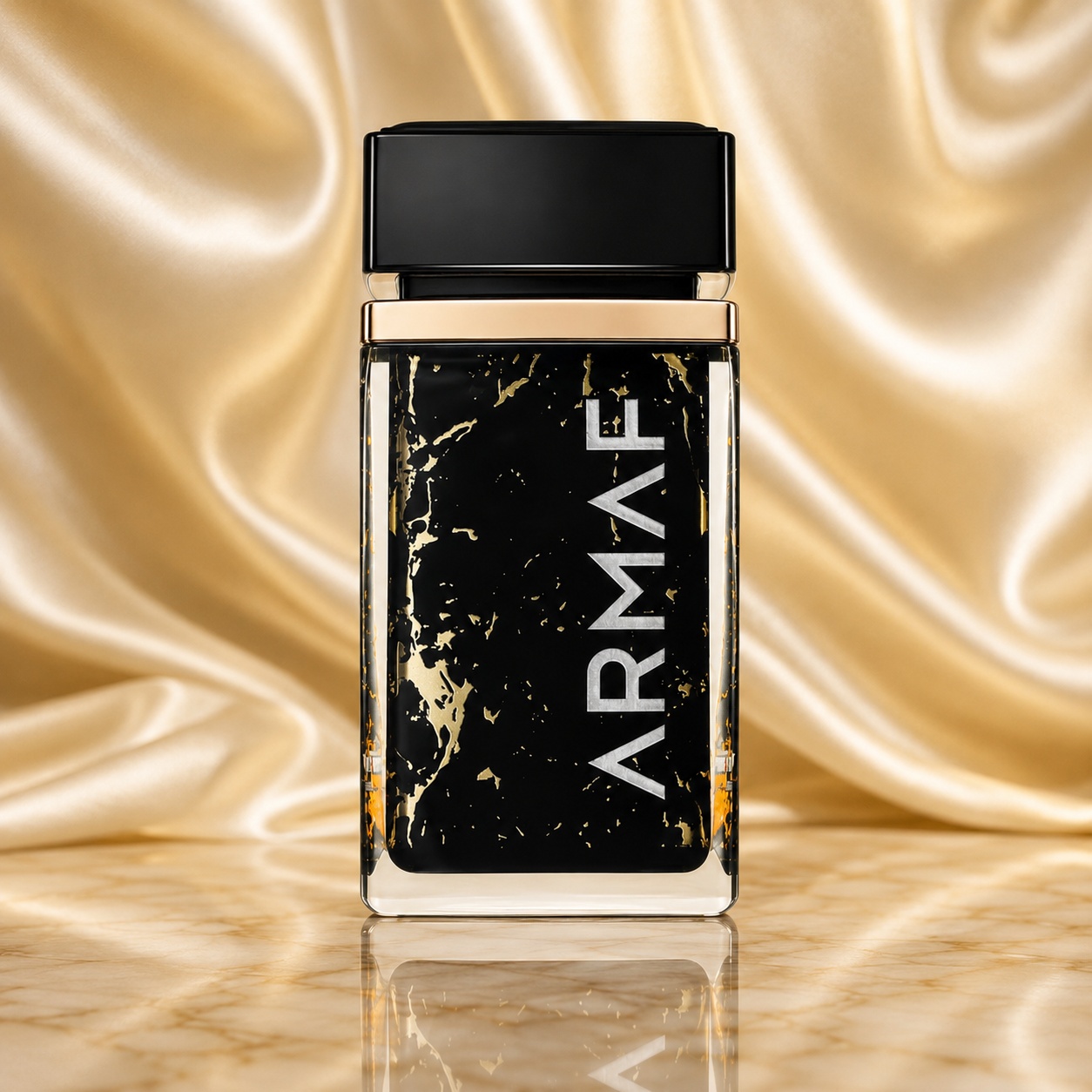 Sticlă parfum Ombre D&rsquo;or Armaf 75 ml cu design negru marmorat și accente aurii