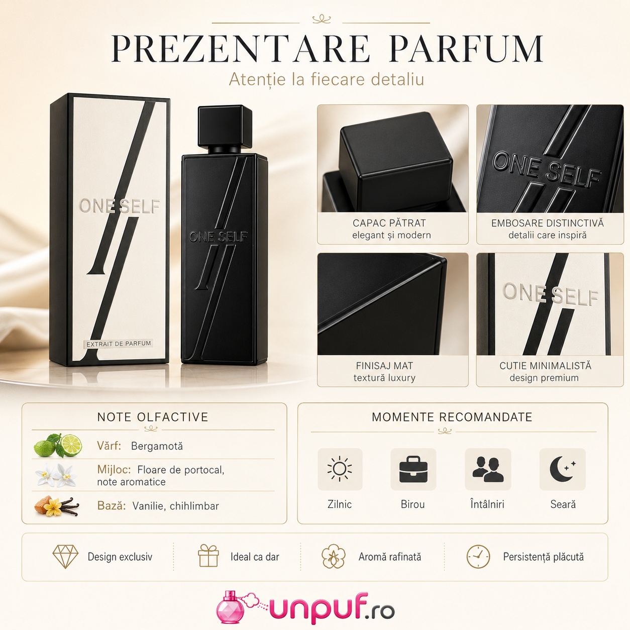 Prezentare parfum One Self Fragrance World cu detalii despre flacon, cutie, note olfactive și momente recomandate