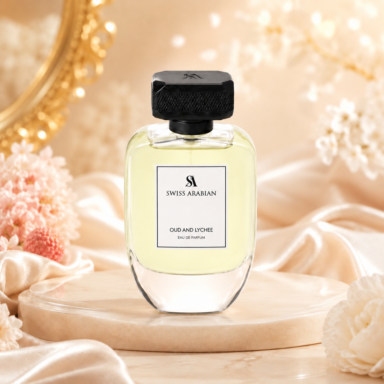 Flacon Oud and Lychee Swiss Arabian 100 ml cu capac negru texturat, etichetă minimalistă și design rafinat