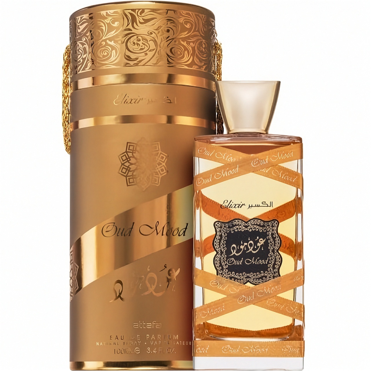 Cutie originală Oud Mood Elixir Lattafa 100 ml și flacon parfum arabesc unisex