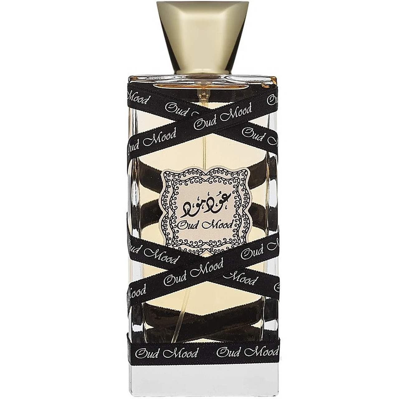 Flacon Oud Mood Gold Lattafa cu panglici negre decorative, capac auriu și parfum chihlimbariu