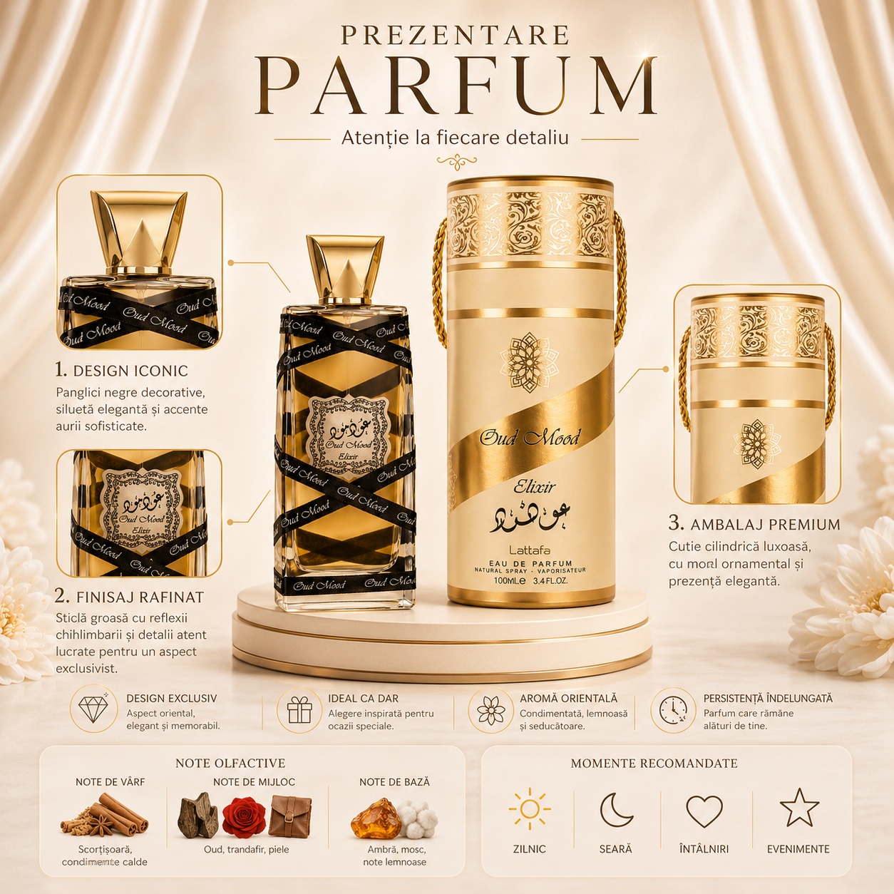 Prezentare parfum Oud Mood Gold Lattafa cu design iconic, finisaj rafinat, ambalaj premium, note olfactive și momente recomandate