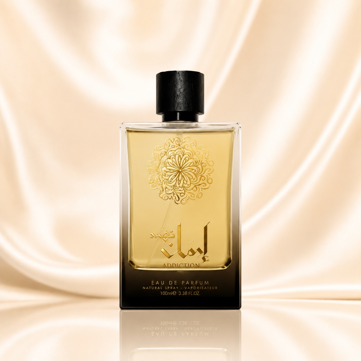 Sticlă parfum Ozareej Addiction Gold, parfum arabesc bărbătesc cu lichid auriu și design elegant