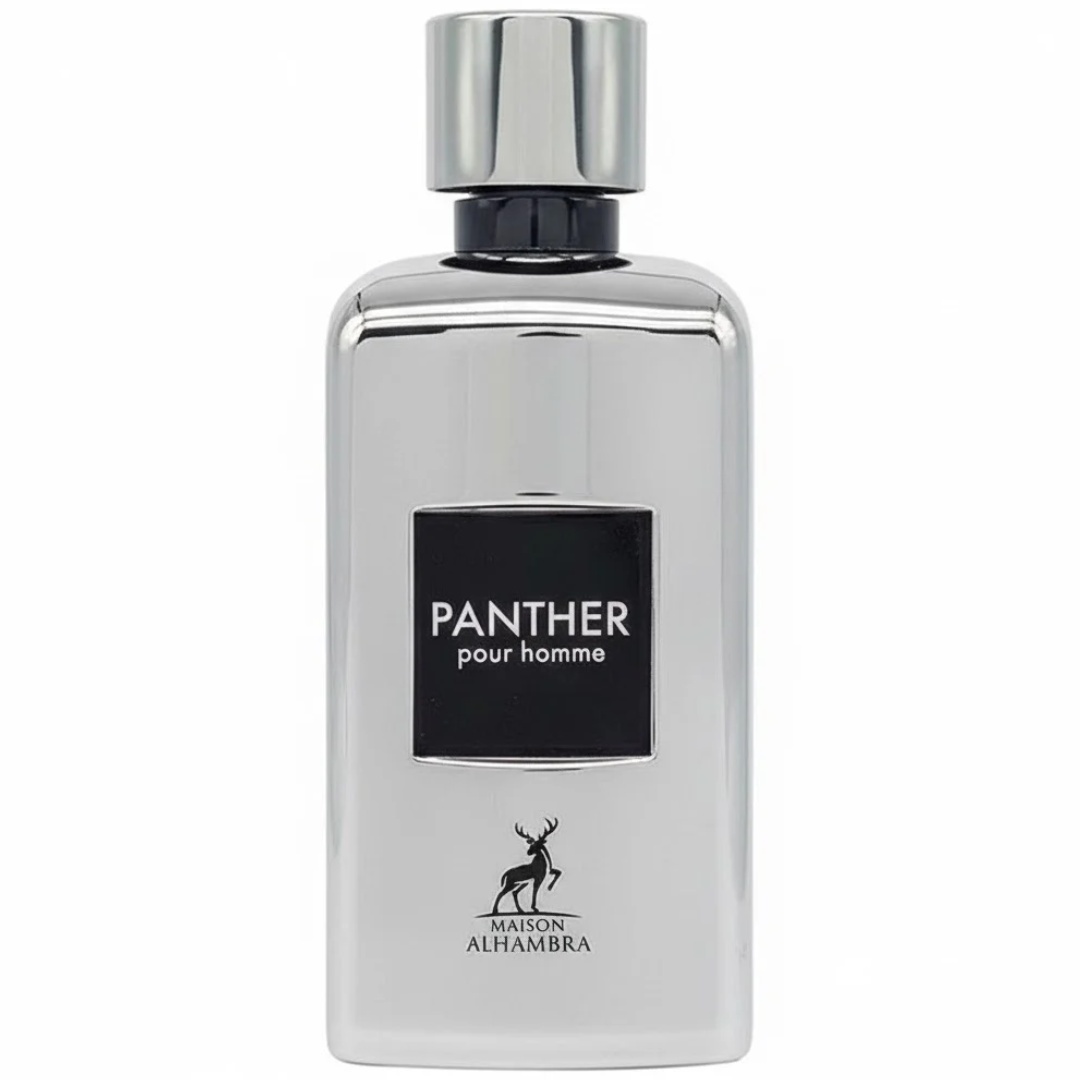 Flacon Panther Pour Homme Maison Alhambra argintiu cu etichetă neagră și capac cromat