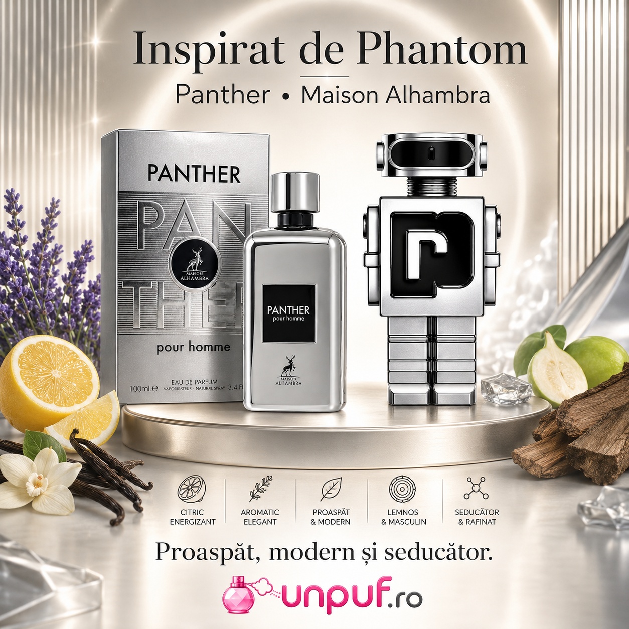 Panther Pour Homme Maison Alhambra inspirat de Phantom Paco Rabanne parfum proaspăt modern și seducător