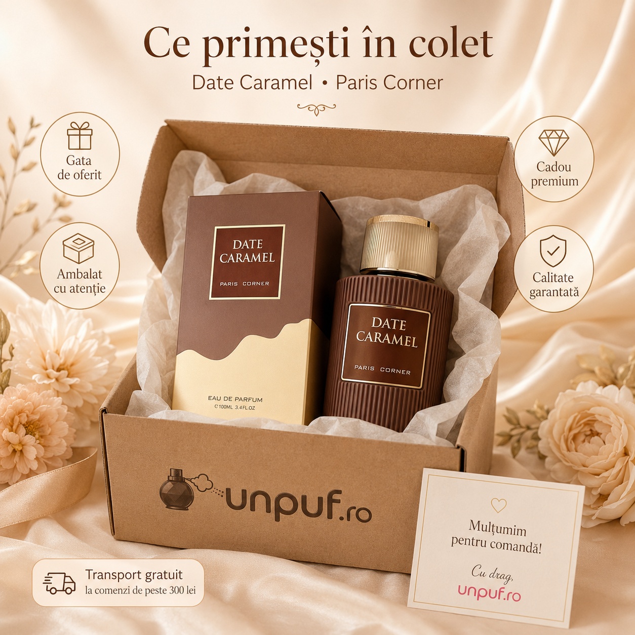 Ce primești &icirc;n colet Parfum Date Caramel Paris Corner 100 ml ambalat cu atenție gata de oferit cadou