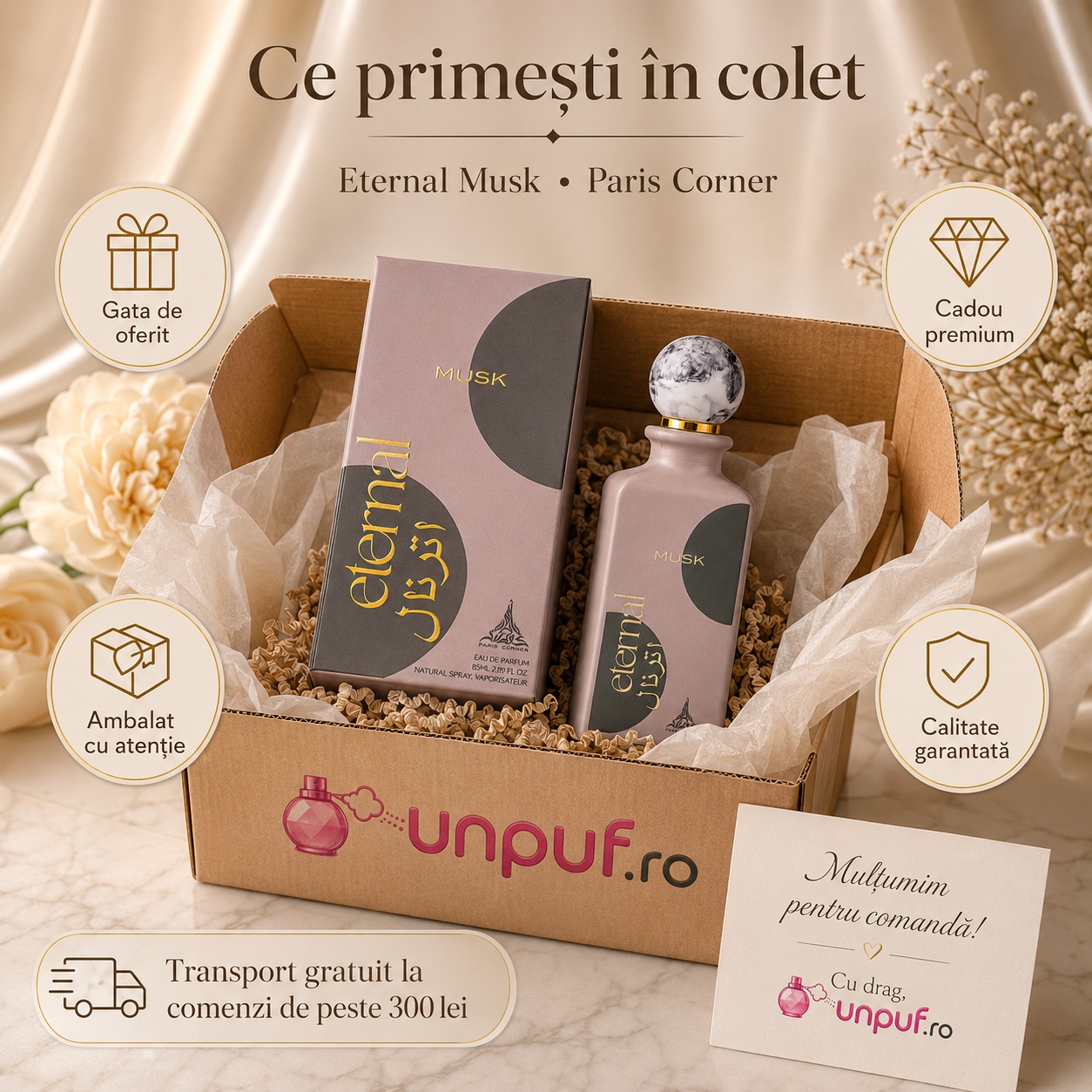Ce primești &icirc;n colet Parfum Eternal Musk Paris Corner 85 ml ambalat cu atenție gata de oferit cadou