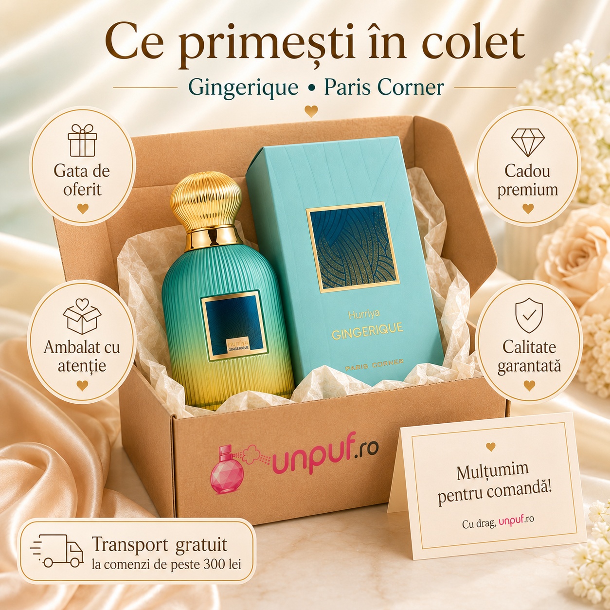 Ce primești &icirc;n colet Parfum Hurriya Gingerique Paris Corner 100 ml ambalat cu atenție