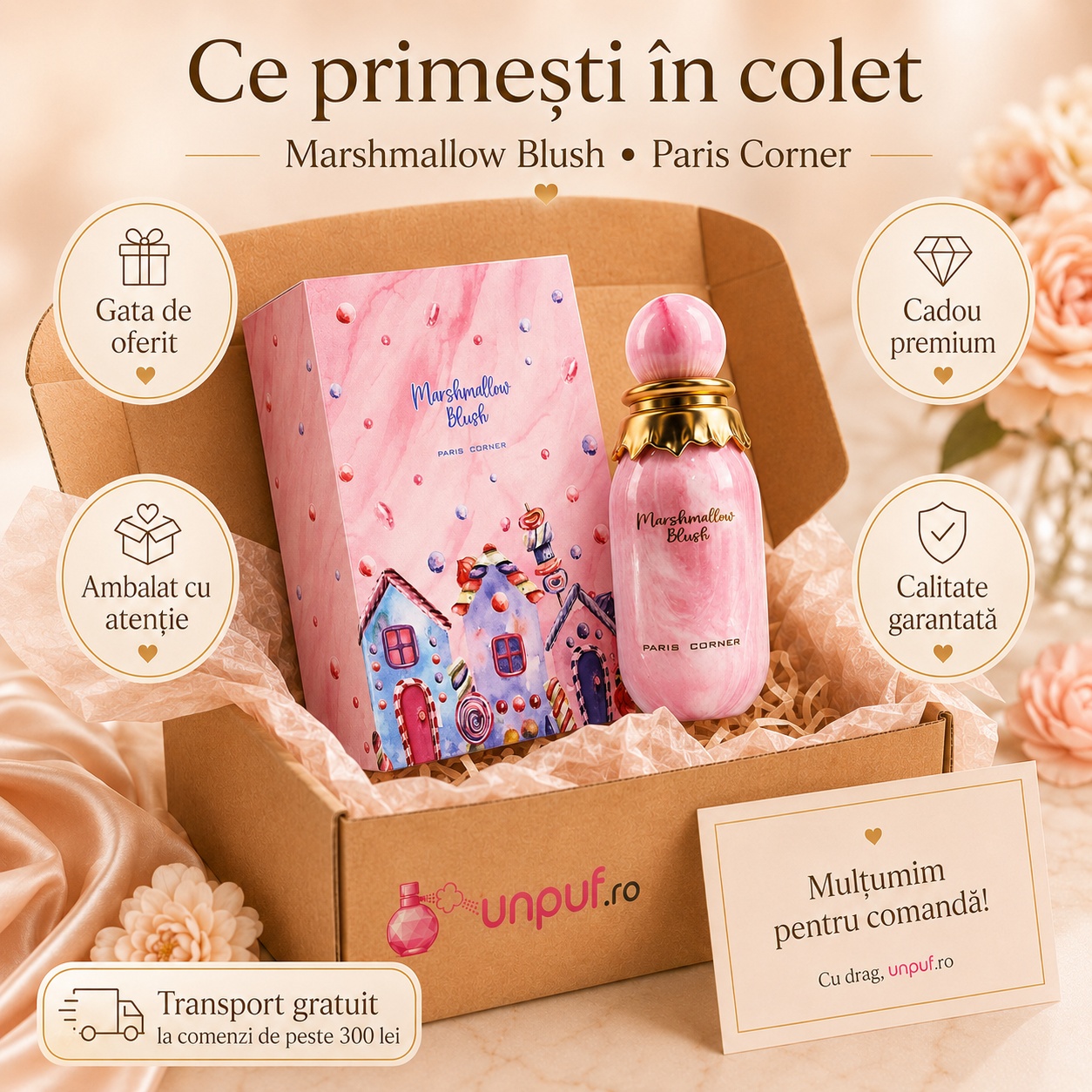 Ce primești &icirc;n colet Parfum Marshmallow Blush Paris Corner 100 ml ambalat cu atenție