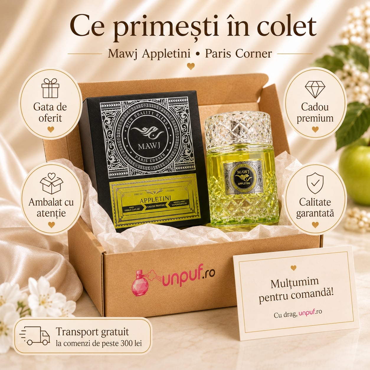 Ce primești &icirc;n colet Parfum Mawj Appletini Paris Corner 100 ml ambalat cu atenție gata de oferit cadou