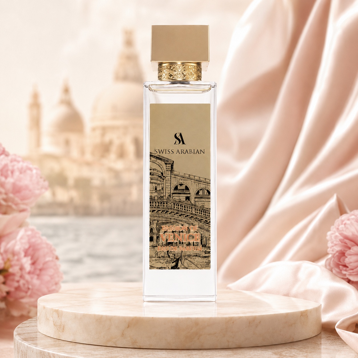 Flacon Passion of Venice Swiss Arabian 100 ml cu capac auriu, etichetă artistică și design premium