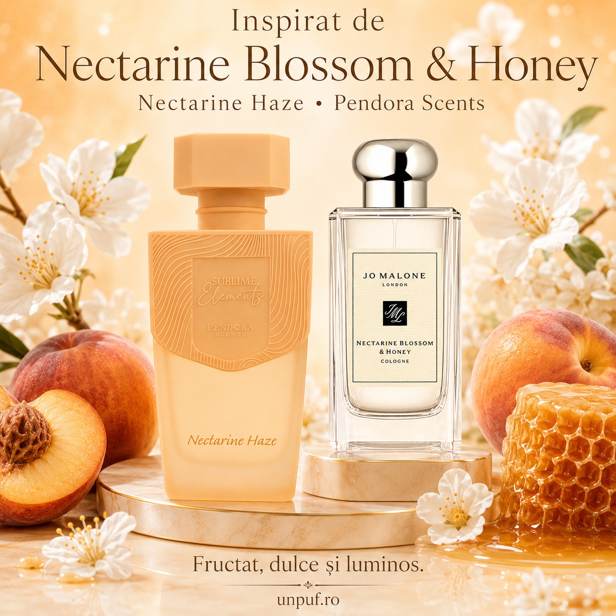 Pendora Scents Nectarine Haze inspirat vizual de Nectarine Blossom and Honey, parfum fructat dulce și luminos
