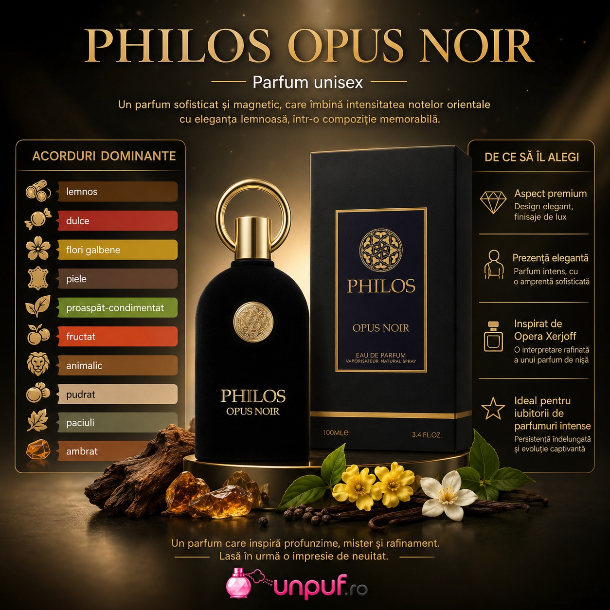 Philos Opus Noir Maison Alhambra acorduri dominante lemnos, dulce, flori galbene, piele, proaspăt condimentat, fructat, animalic, pudrat, paciuli și ambrat