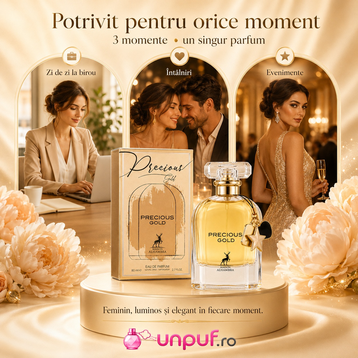 Parfum Precious Gold Maison Alhambra potrivit pentru zi de zi la birou, &icirc;nt&acirc;lniri și evenimente elegante