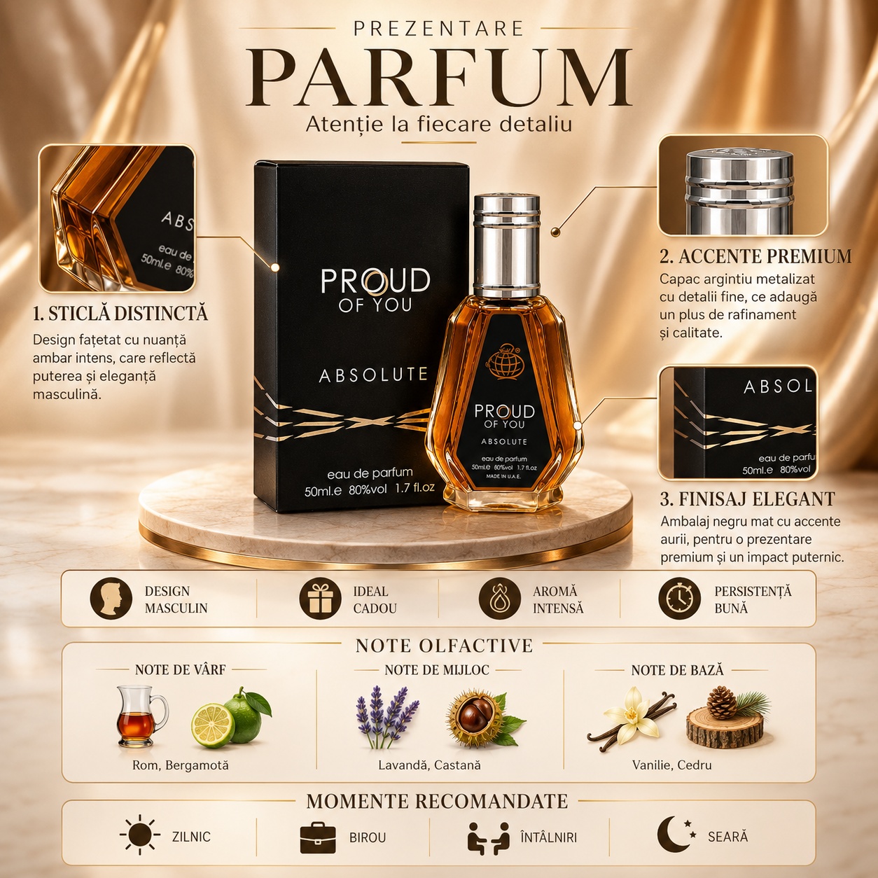 Prezentare parfum Proud of You Absolute cu detalii despre sticlă, capac, ambalaj, note olfactive și momente recomandate
