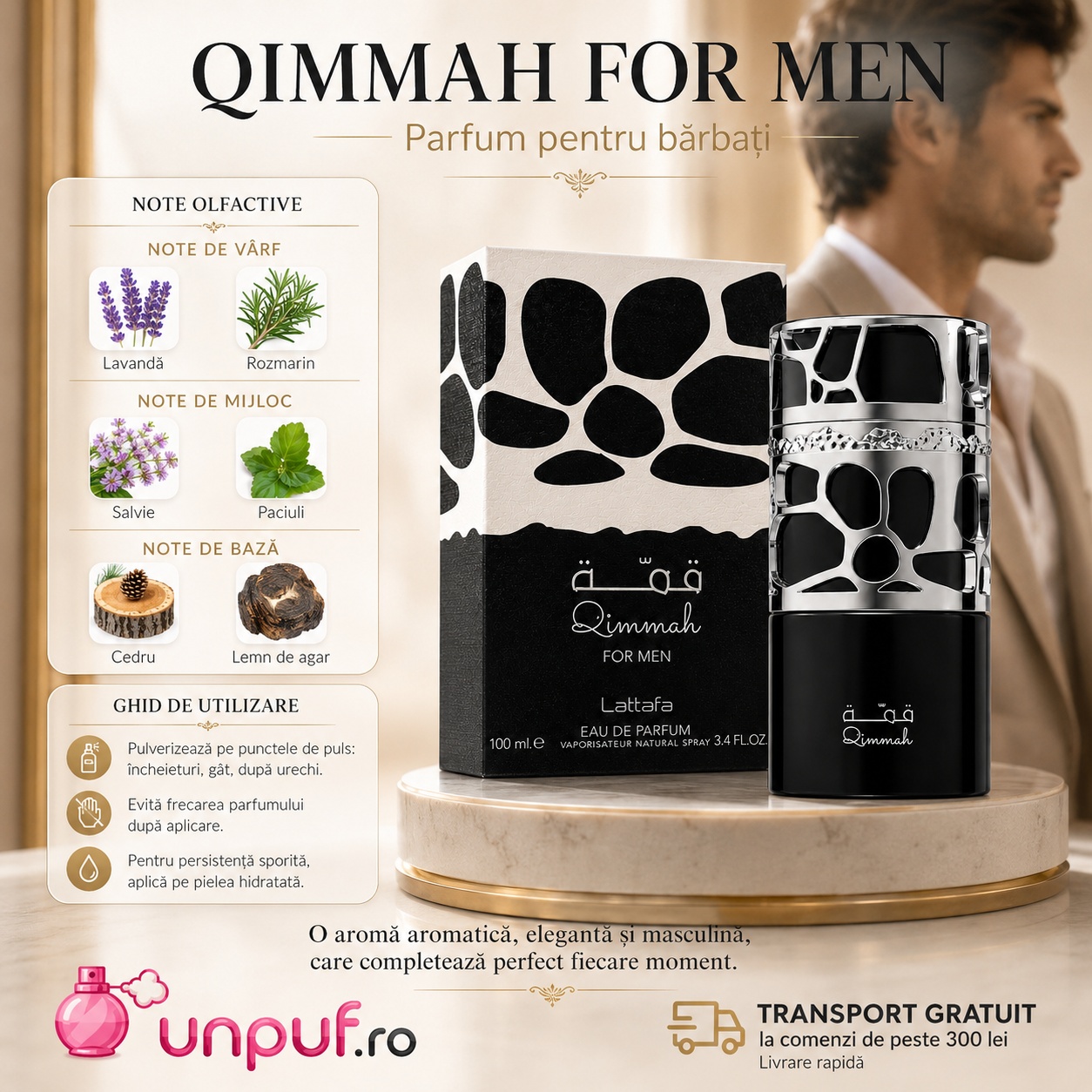 Qimmah For Men Lattafa parfum pentru bărbați cu note de lavandă, rozmarin, salvie, paciuli, cedru și lemn de agar, ghid de utilizare
