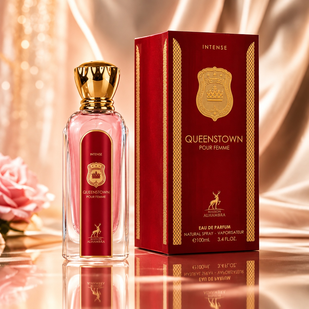 Parfum Arăbesc Queenstown Intense Pour Femme Maison Alhambra EDP 100 ml Damă cu flacon roz roșu, capac auriu și cutie rubinie premium