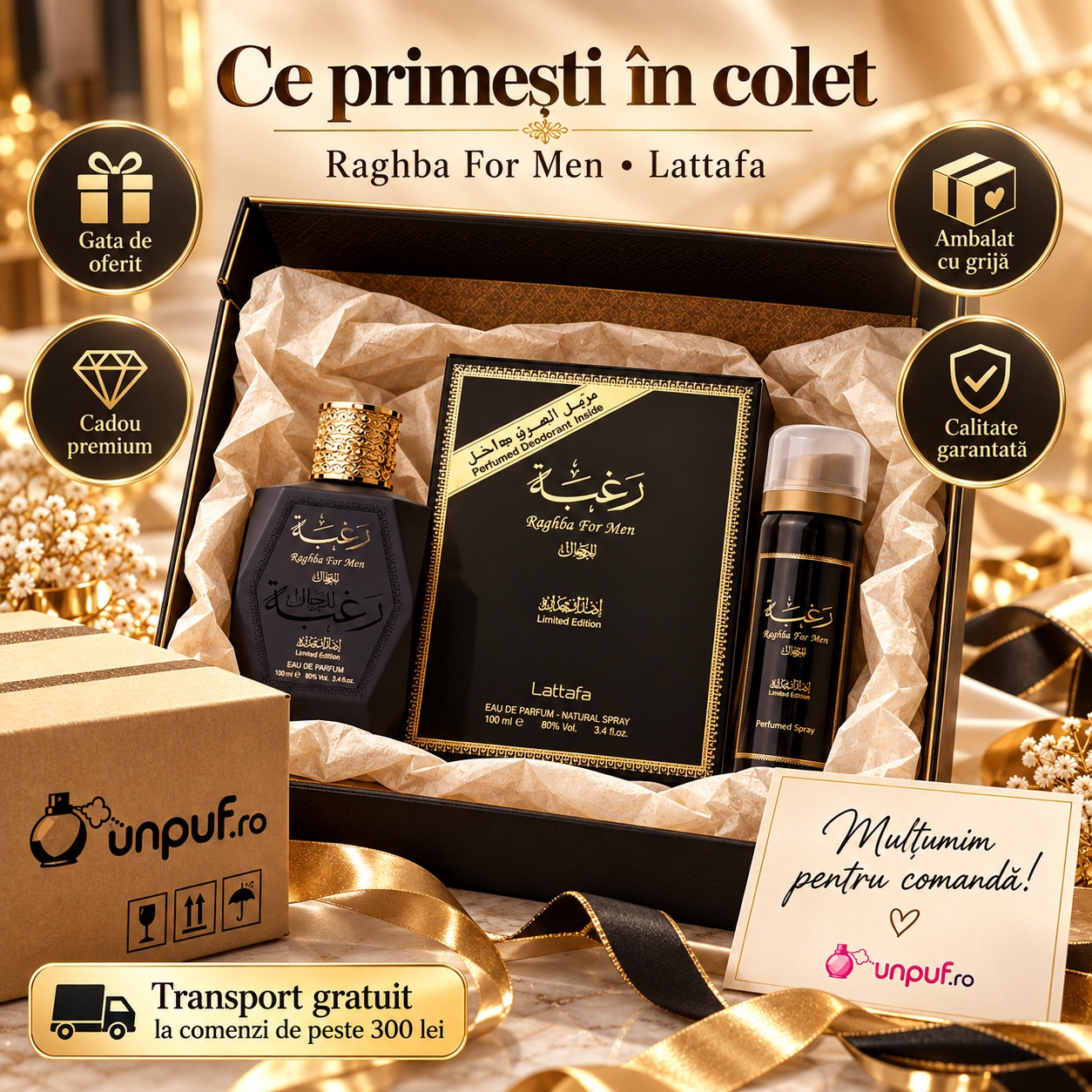 Ce primești în colet Raghba For Man Lattafa set parfum și deodorant spray ambalat premium pentru cadou