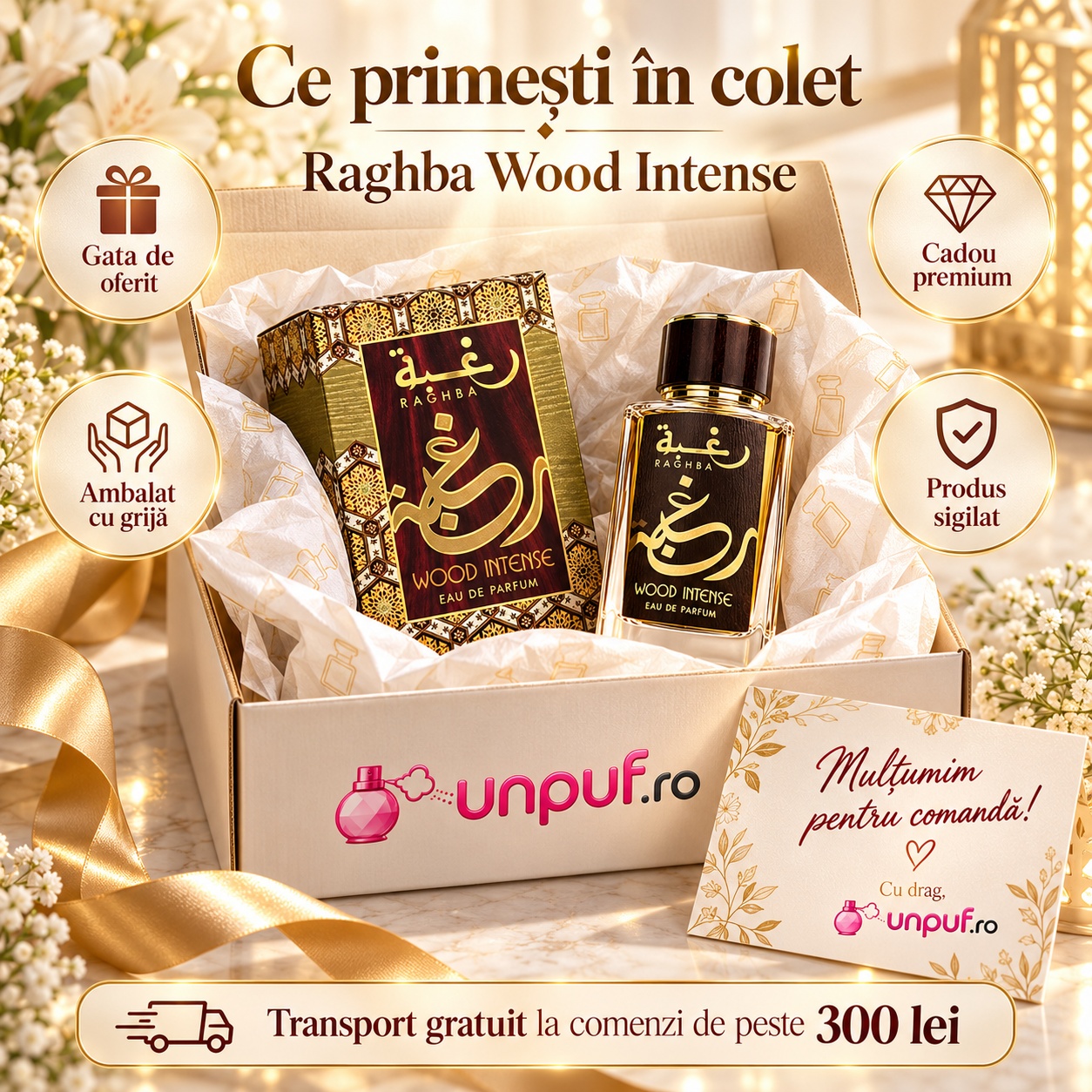 Ce primești în colet Raghba Wood Intense Lattafa Eau de Parfum 100 ml ambalat premium pentru cadou