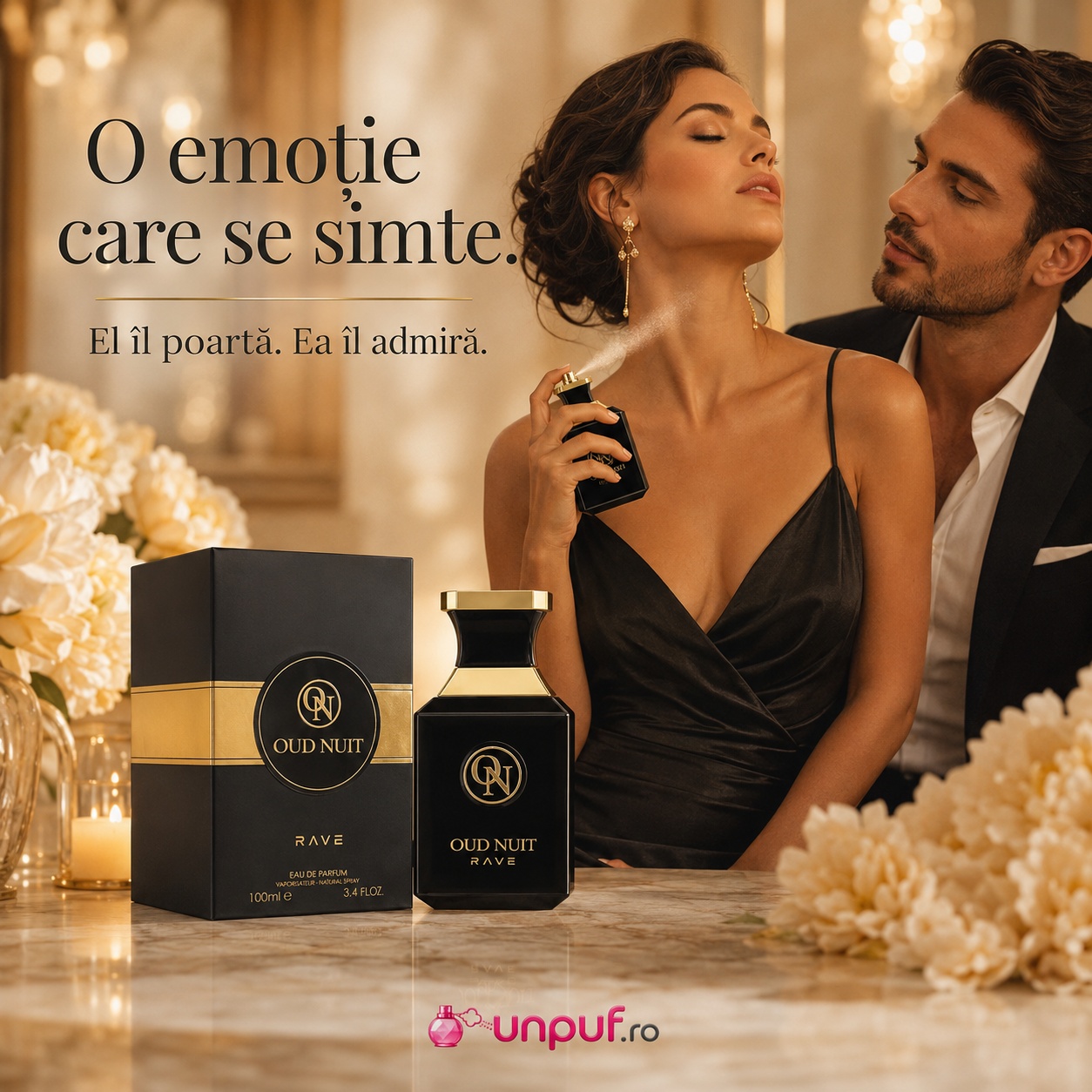 Prezentare parfum Rave Oud Nuit cu flacon premium, cutie neagră, accente aurii și detalii olfactive