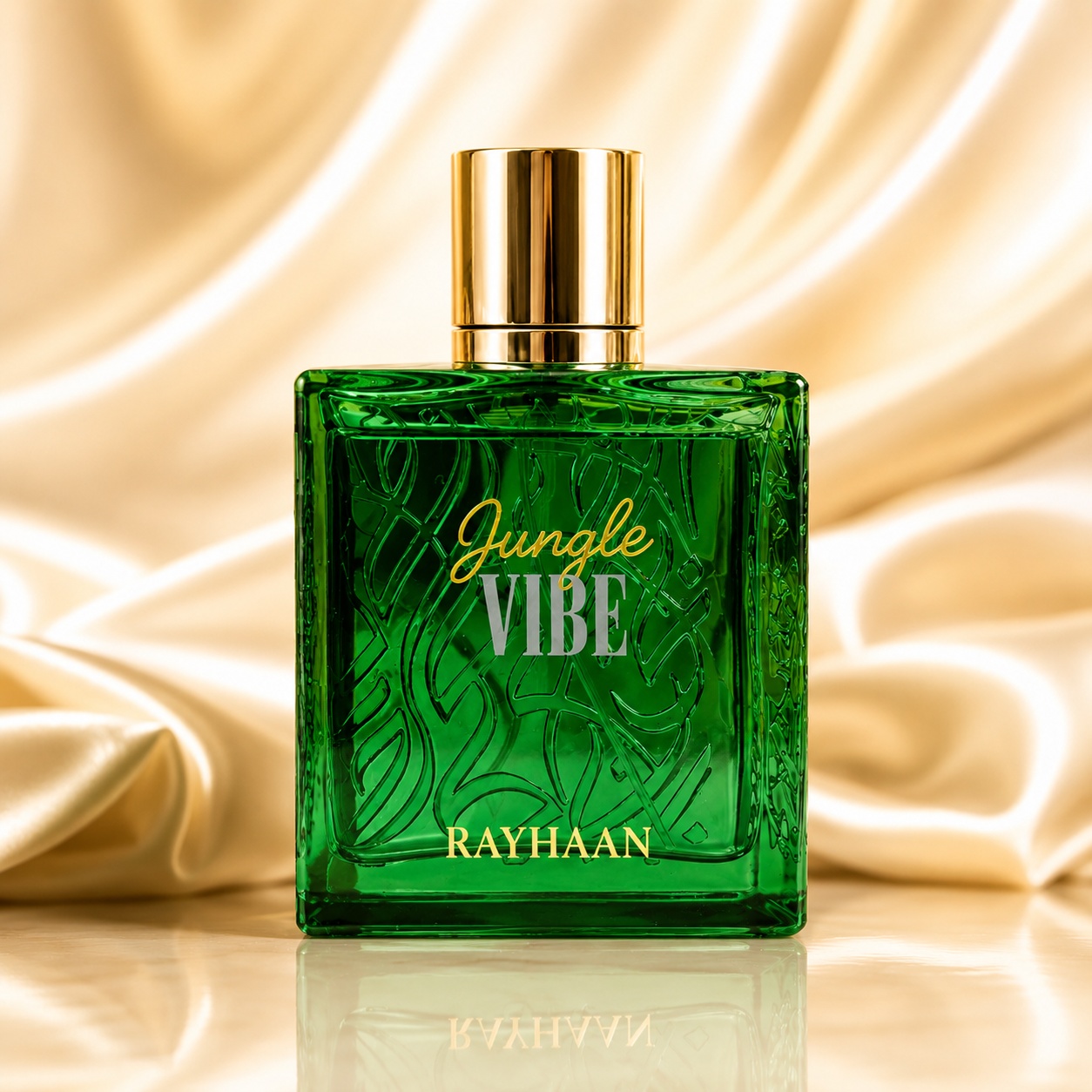 Sticlă parfum Rayhaan Jungle Vibe 100 ml verde smarald cu model sculptat și capac auriu modern