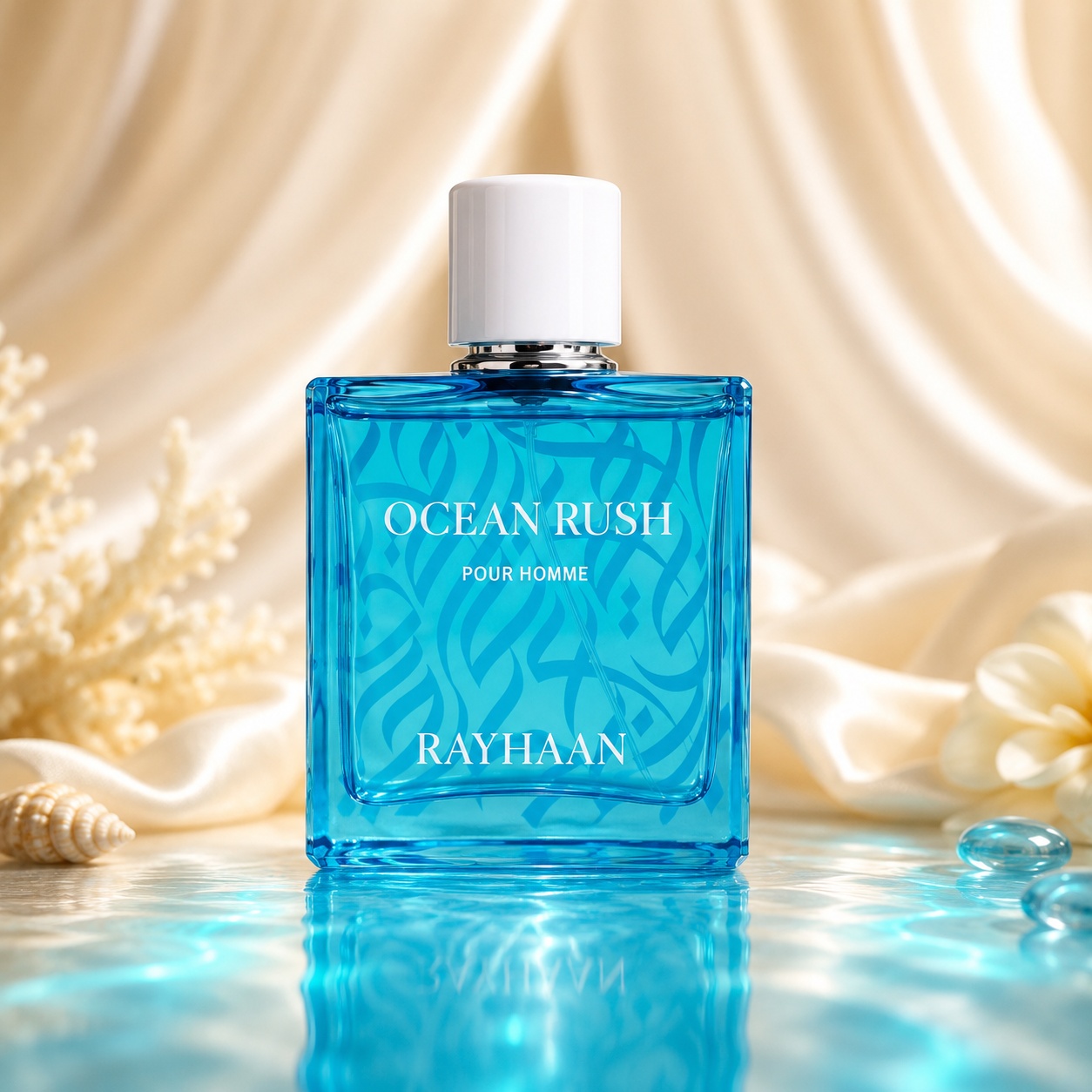 Sticlă Rayhaan Ocean Rush Men 100 ml albastru acvatic cu capac alb și design masculin fresh