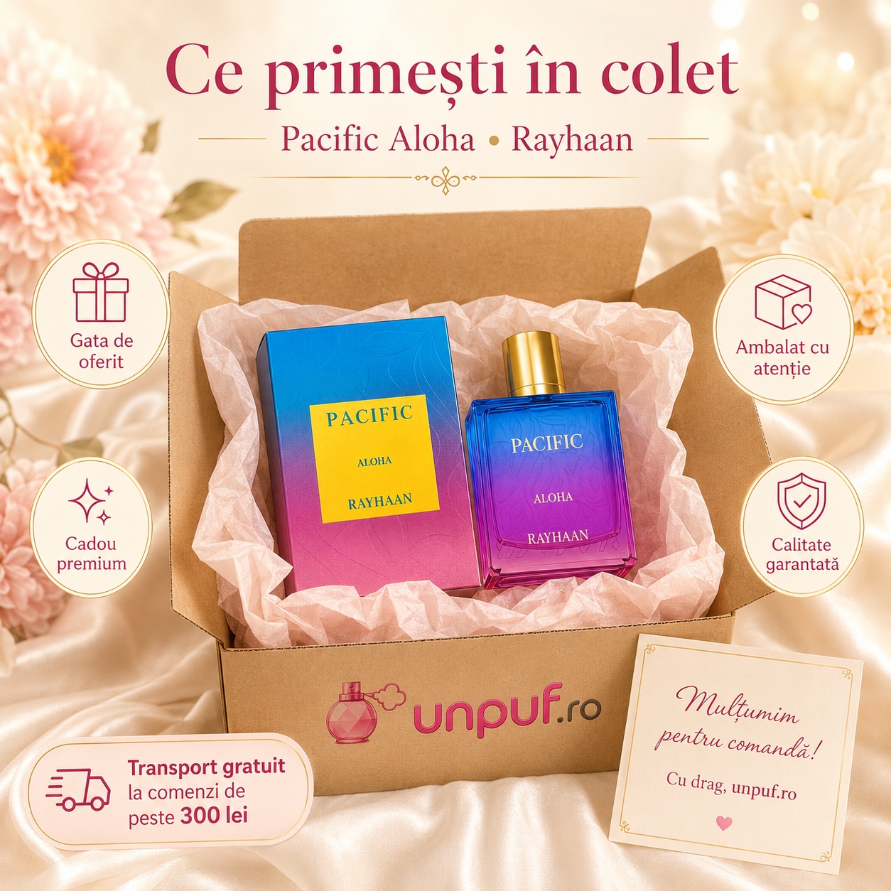 Ce primești în colet la Rayhaan Pacific Aloha, parfum ambalat cu atenție și gata de oferit cadou