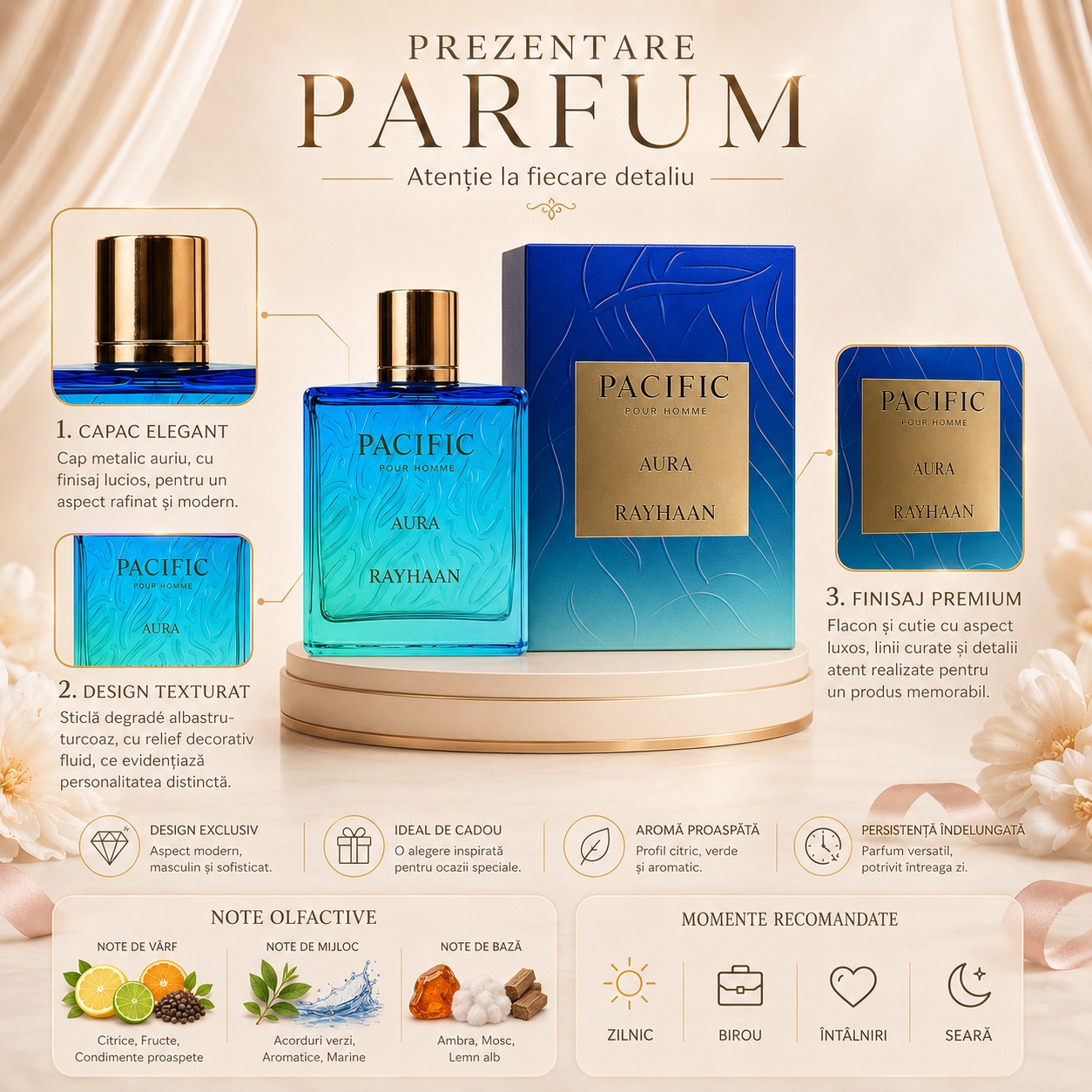 Prezentare Rayhaan Pacific Aura cu note olfactive, design texturat, aromă proaspătă și persistență îndelungată